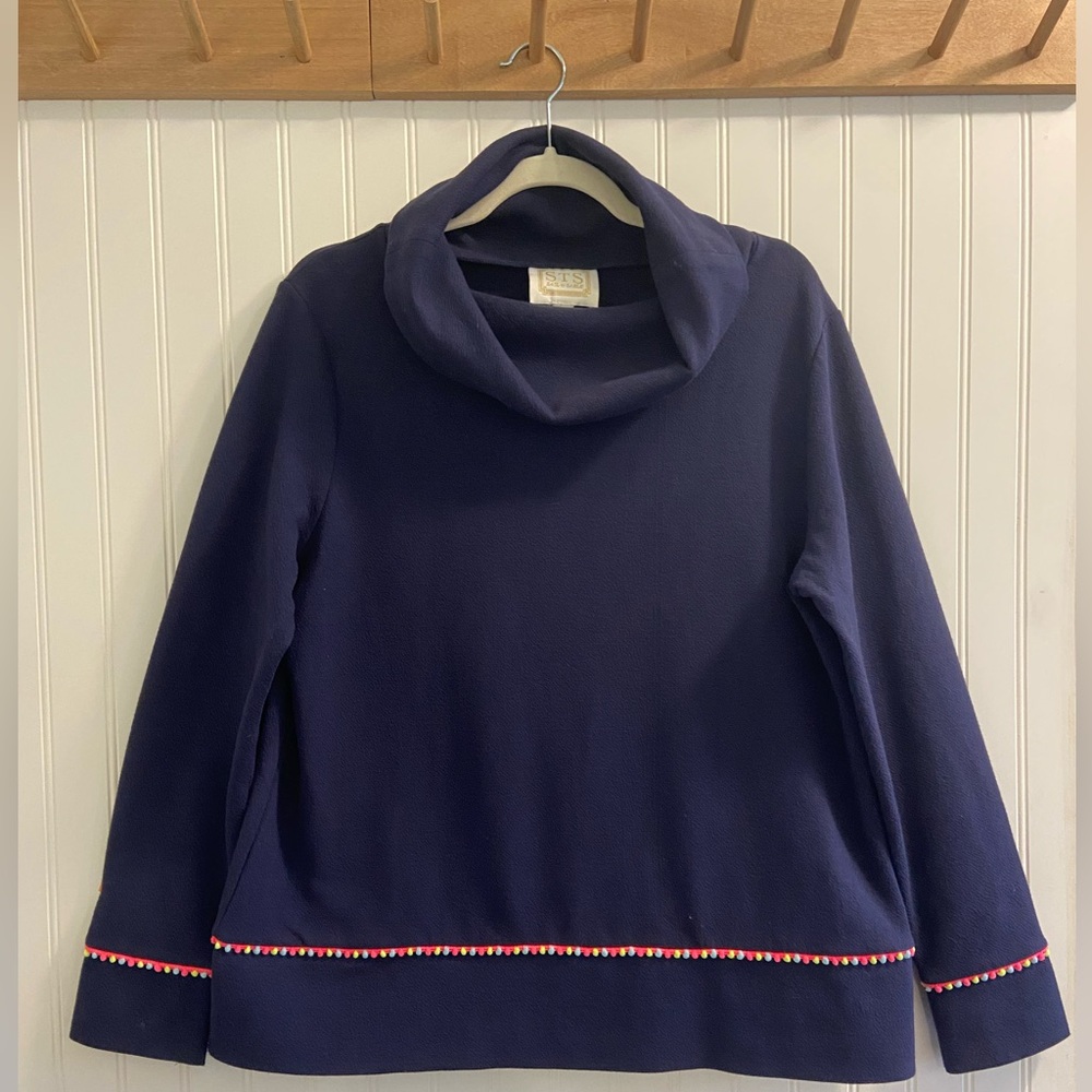 Sail to Sable Navy Blue Cowl Neck Long Sleeve Multicolor Pom Pom Trim L